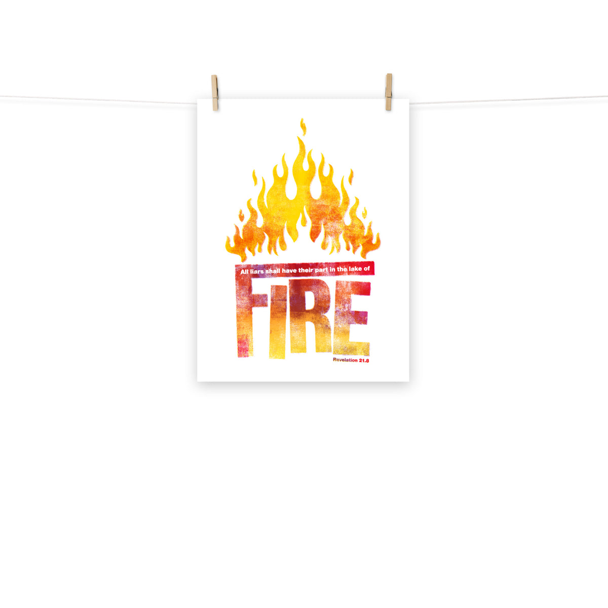 Full view of the Revelation 21:8 poster scroll, hung by wooden clips and rope, showing the complete design.