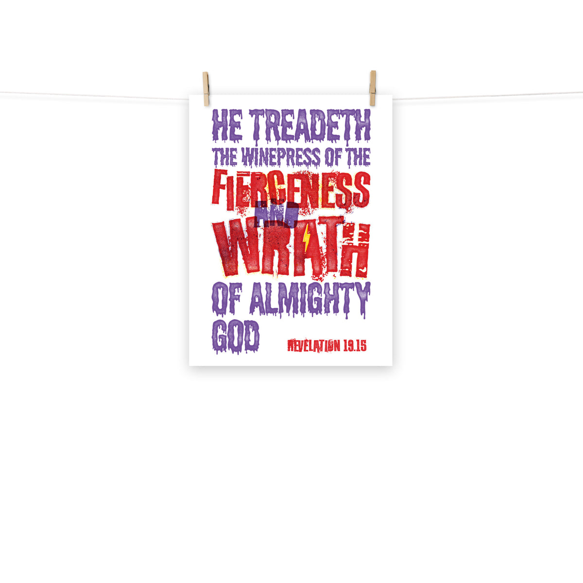 Full view of the Revelation 19:15 poster scroll, hung by wooden clips and rope, showing the complete design.