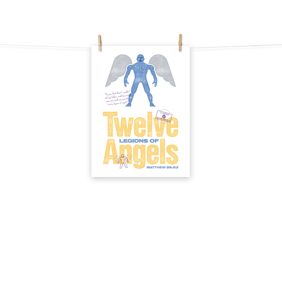 Full view of the Matthew 26.53 poster scroll, hung by wooden clips and rope, showing the complete design.