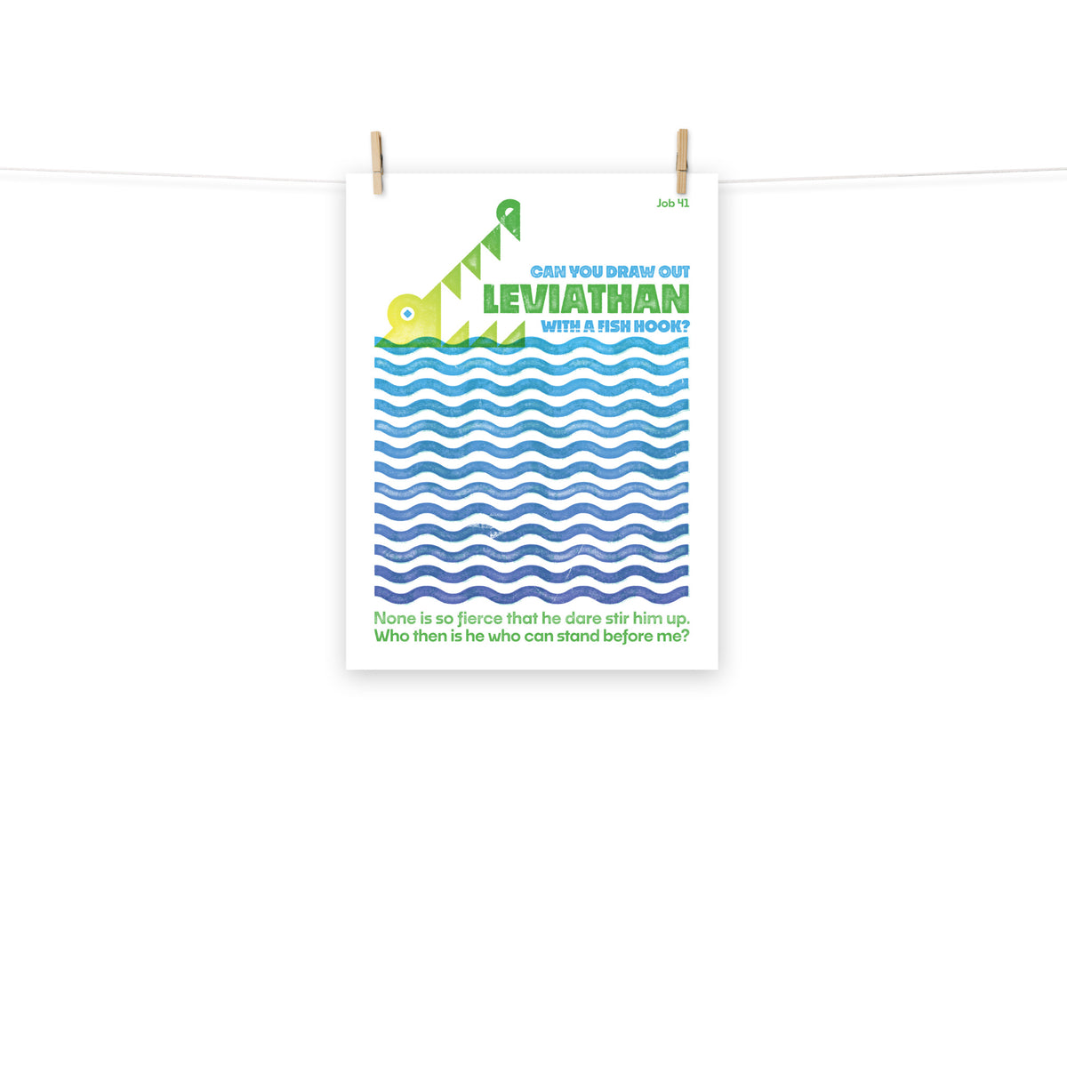 Full view of the Job 41 poster scroll, hung by wooden clips and rope, showing the complete design.