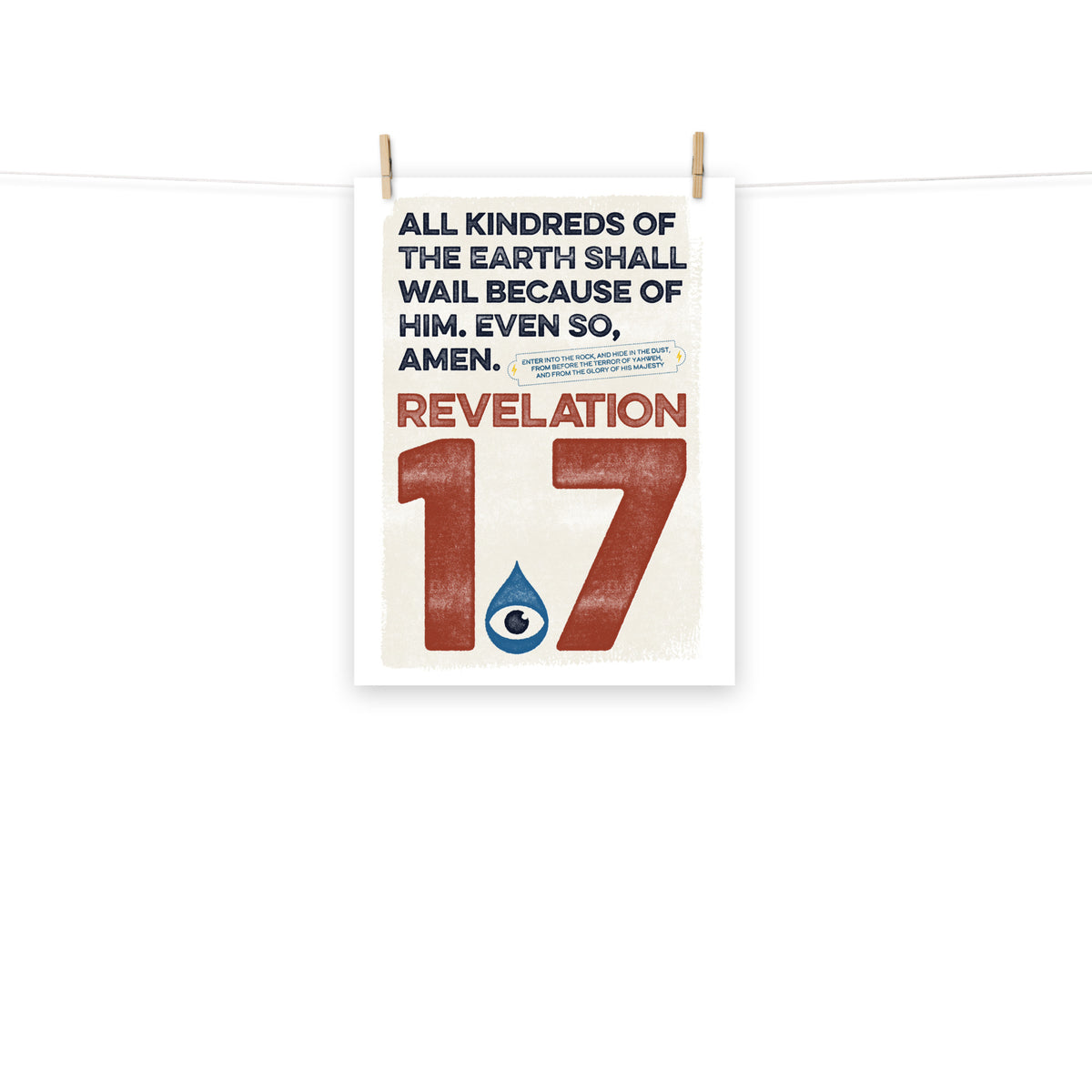 Full view of the Revelation 1:7 poster scroll, hung by wooden clips and rope, showing the complete design.