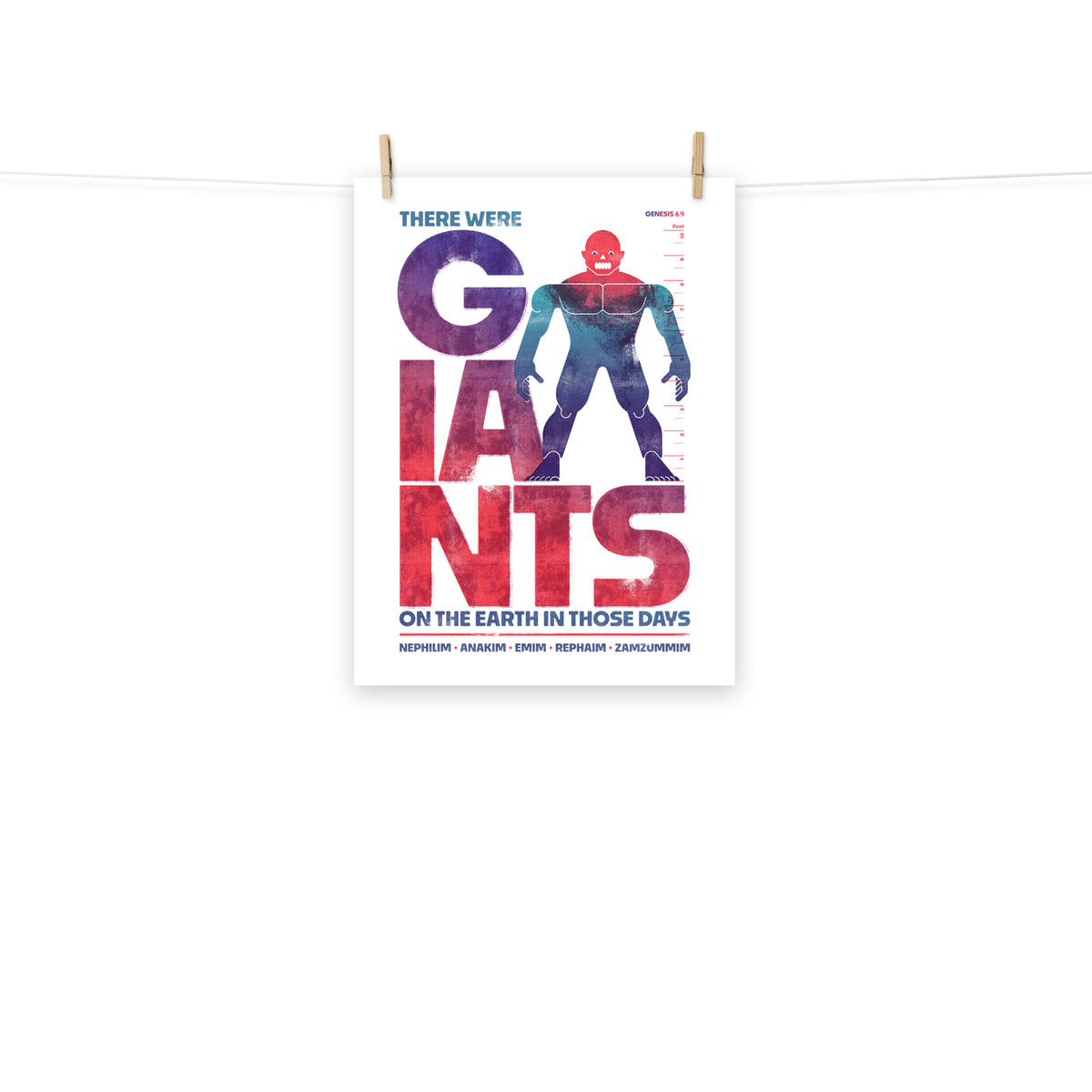 Full view of the Genesis 6:4 poster scroll, hung by wooden clips and rope, showing the complete design.