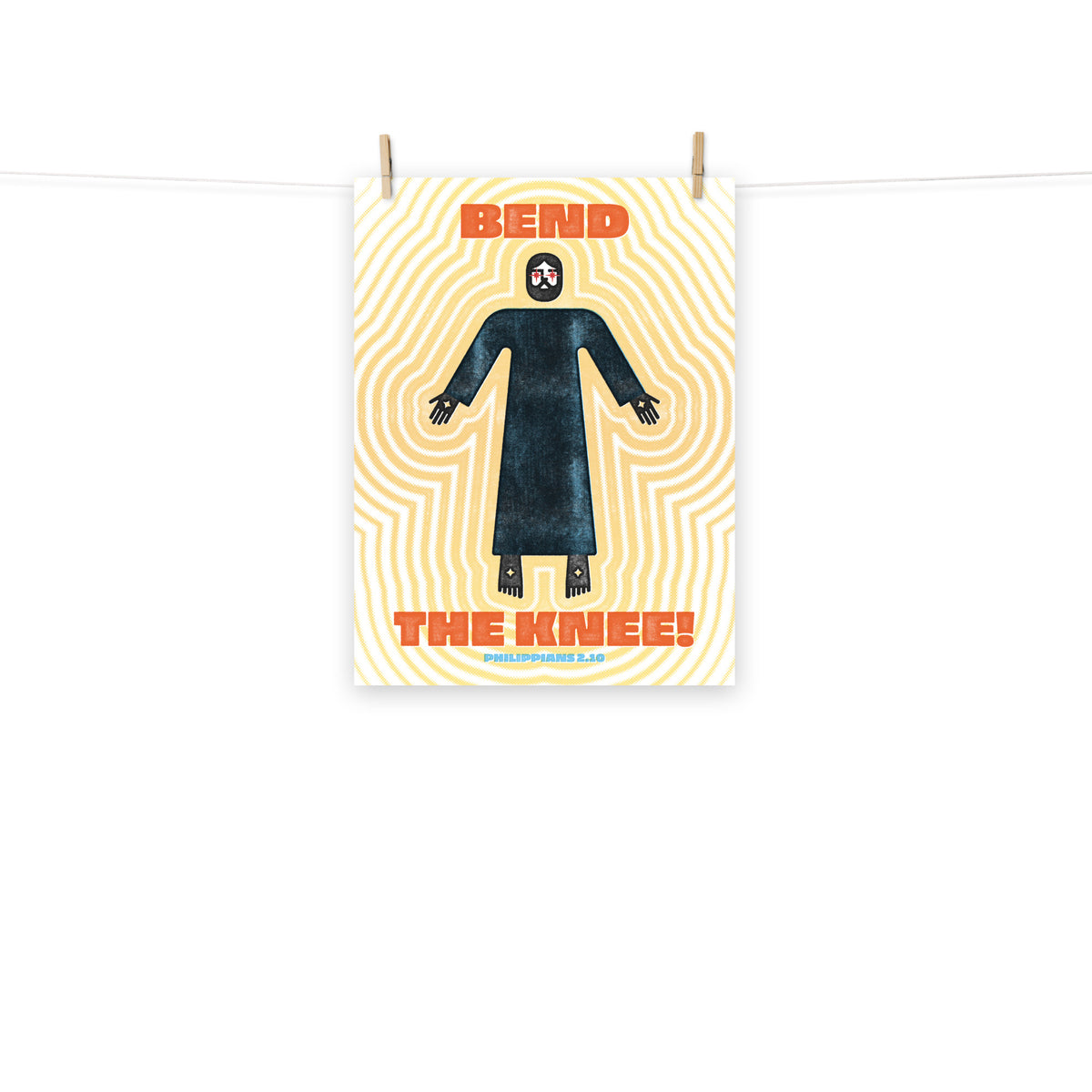 Full view of the Philippians 2:10 poster scroll, hung by wooden clips and rope, showing the complete design.