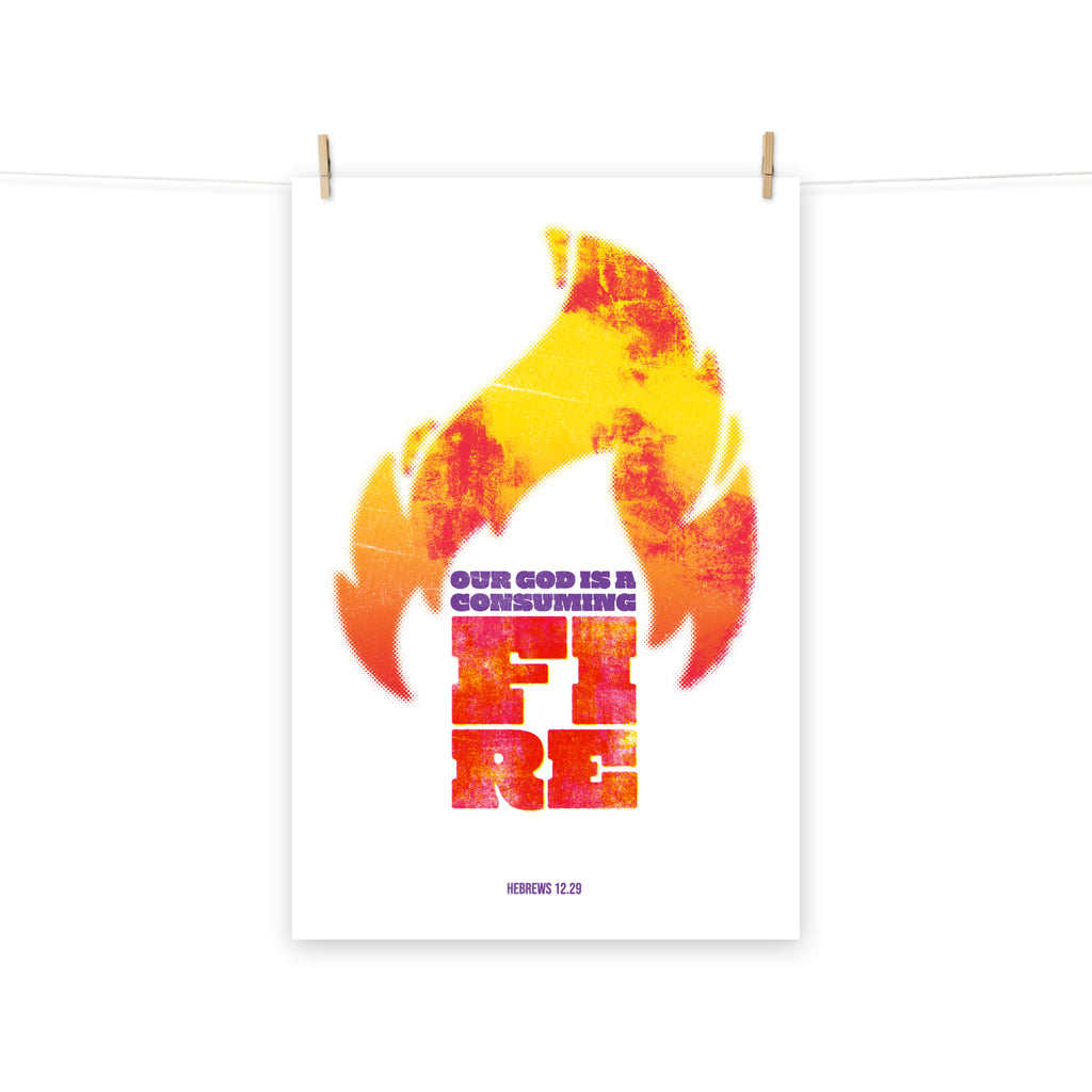 Full view of the Hebrews 12:29 poster scroll, hung by wooden clips and rope, showing the complete design.