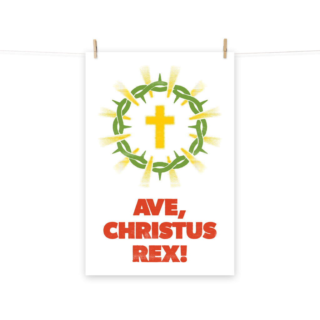 Full view of the Ave Christus Rex poster scroll, hung by wooden clips and rope, showing the complete design.