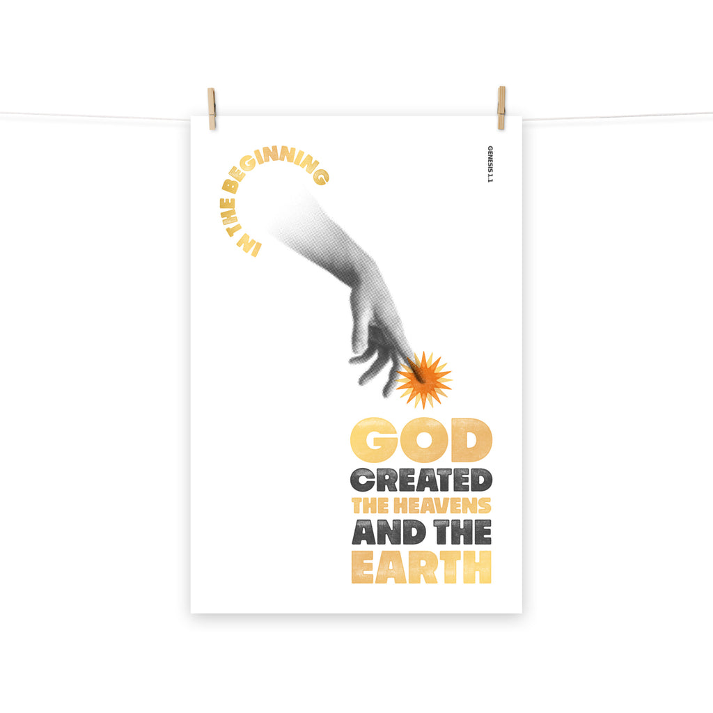 Full view of the Genesis 1:1 poster scroll, hung by wooden clips and rope, showing the complete design.