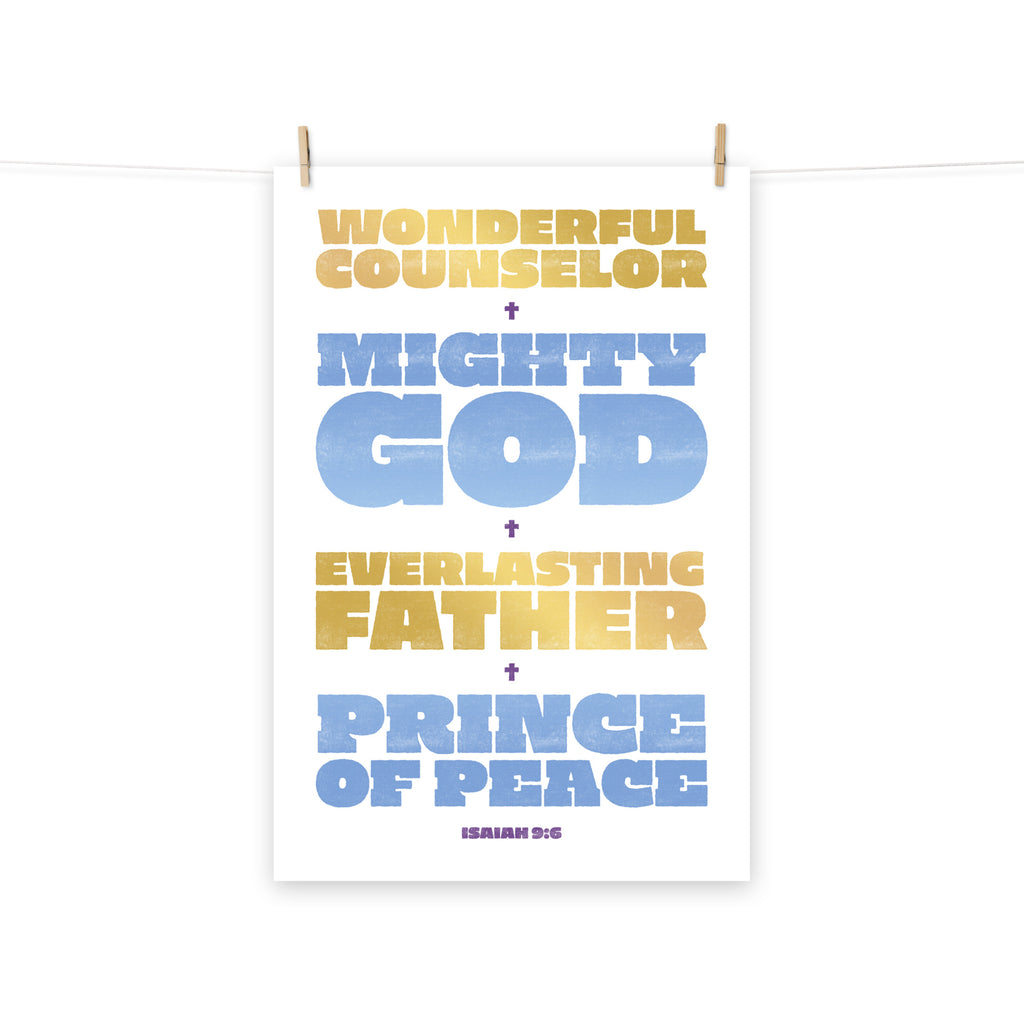 Full view of the Isaiah 9:6 poster scroll, hung by wooden clips and rope, showing the complete design.