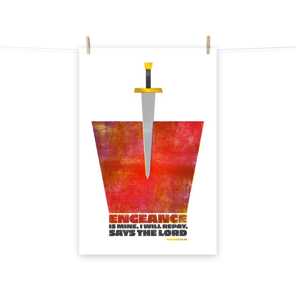 Full view of the Romans 12:19 poster scroll, hung by wooden clips and rope, showing the complete design.
