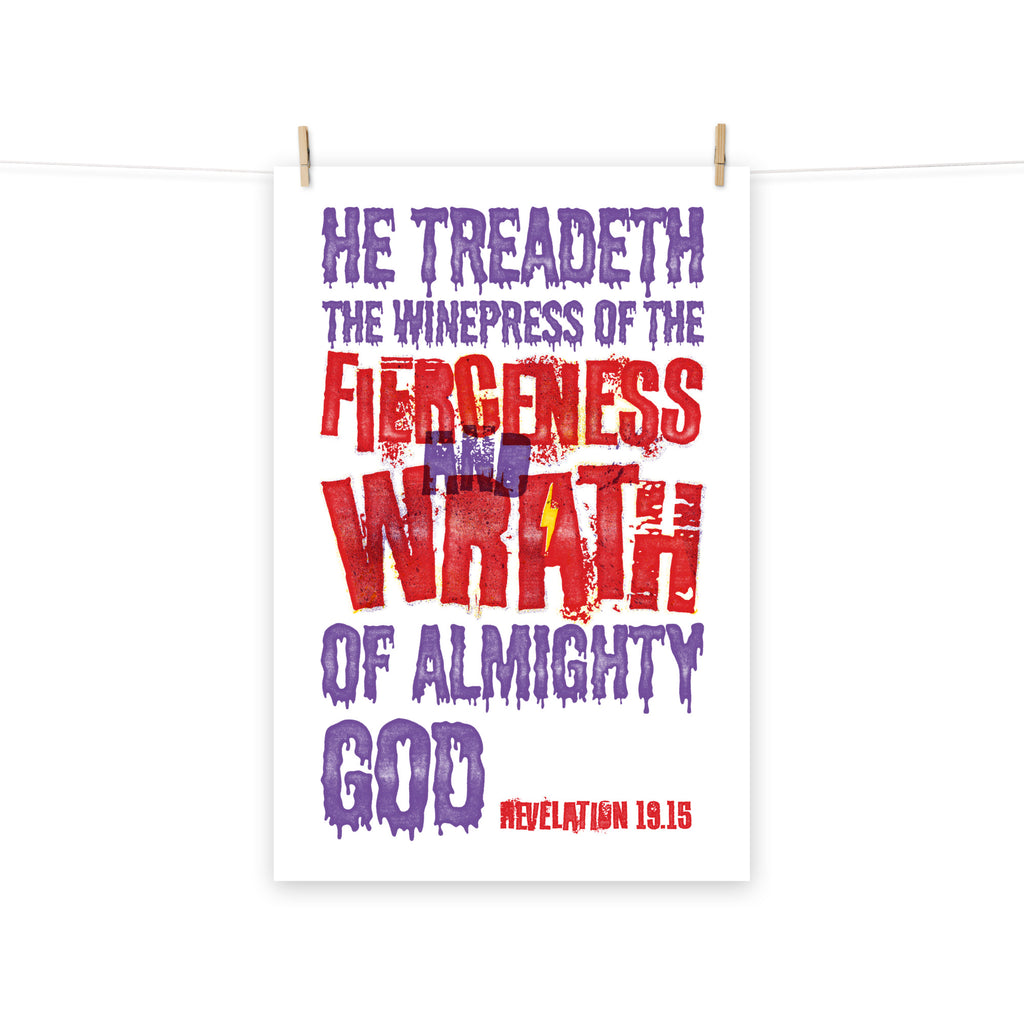 Full view of the Revelation 19:15 poster scroll, hung by wooden clips and rope, showing the complete design.