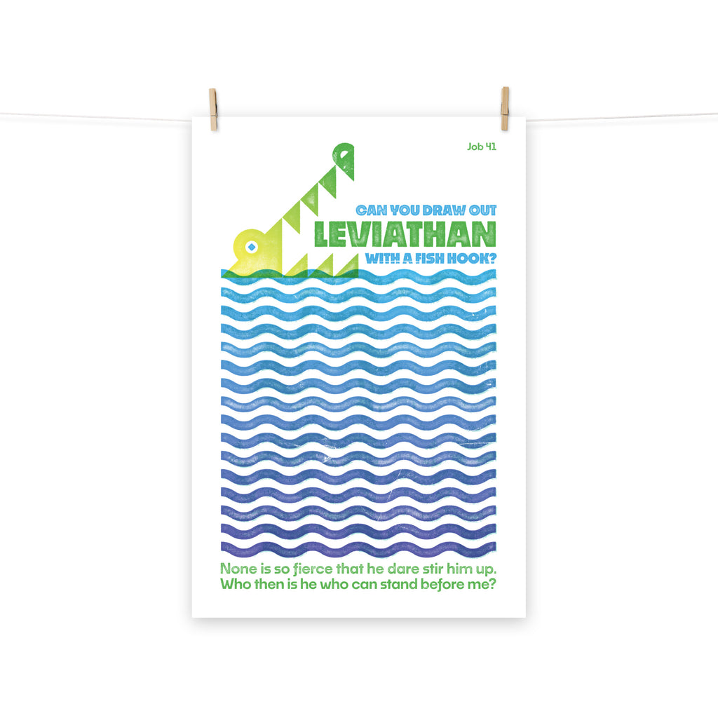 Full view of the Job 41 poster scroll, hung by wooden clips and rope, showing the complete design.