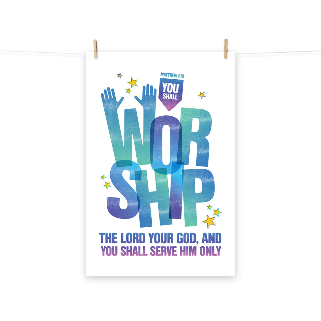 Full view of the Matthew 4:10 poster scroll, hung by wooden clips and rope, showing the complete design.