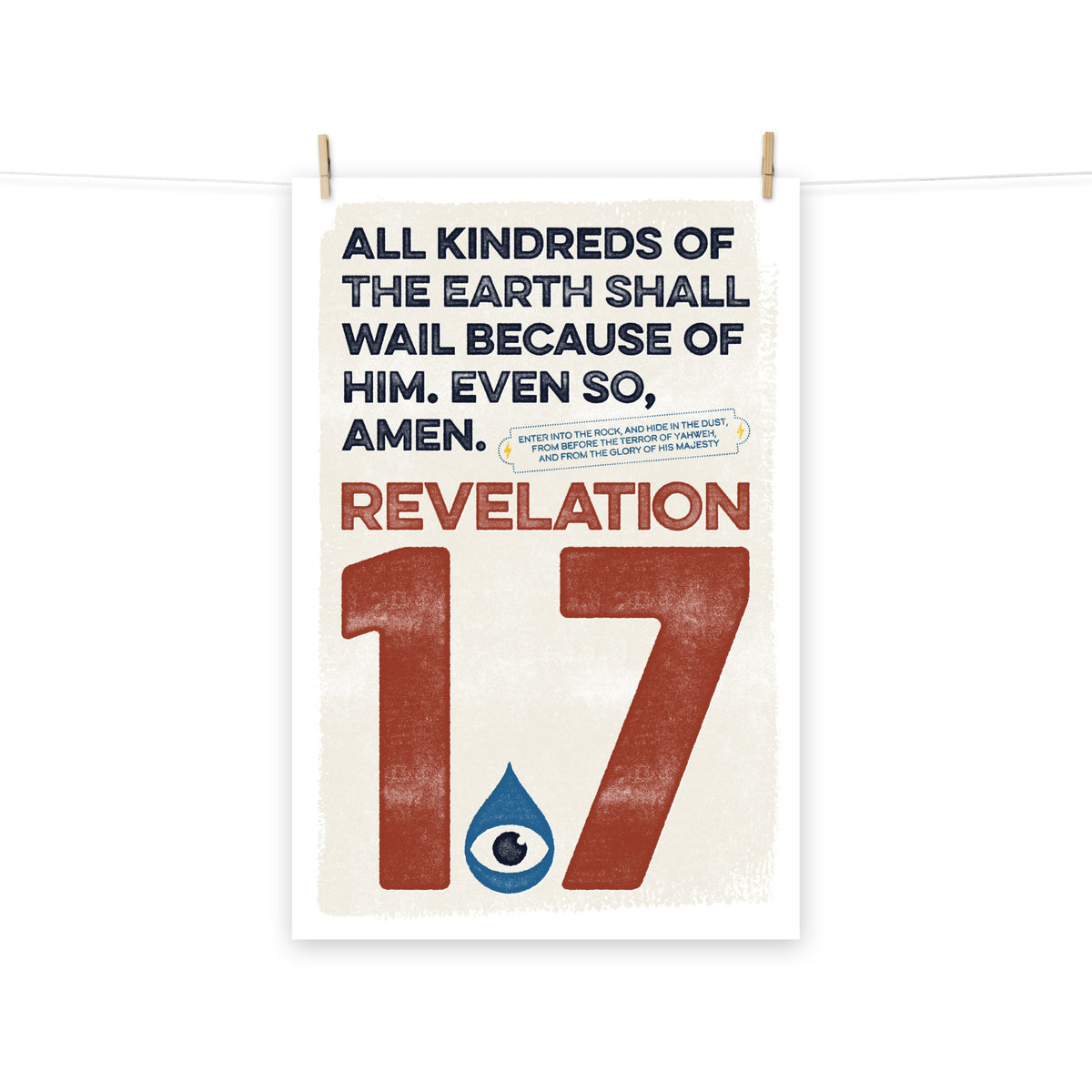 Full view of the Revelation 1:7 poster scroll, hung by wooden clips and rope, showing the complete design.