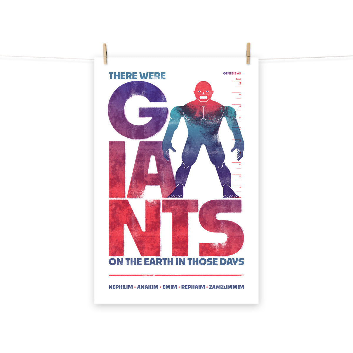 Full view of the Genesis 6:4 poster scroll, hung by wooden clips and rope, showing the complete design.