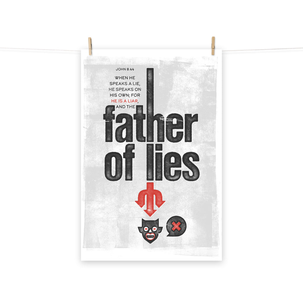 Full view of the John 8:44 poster scroll, hung by wooden clips and rope, showing the complete design.