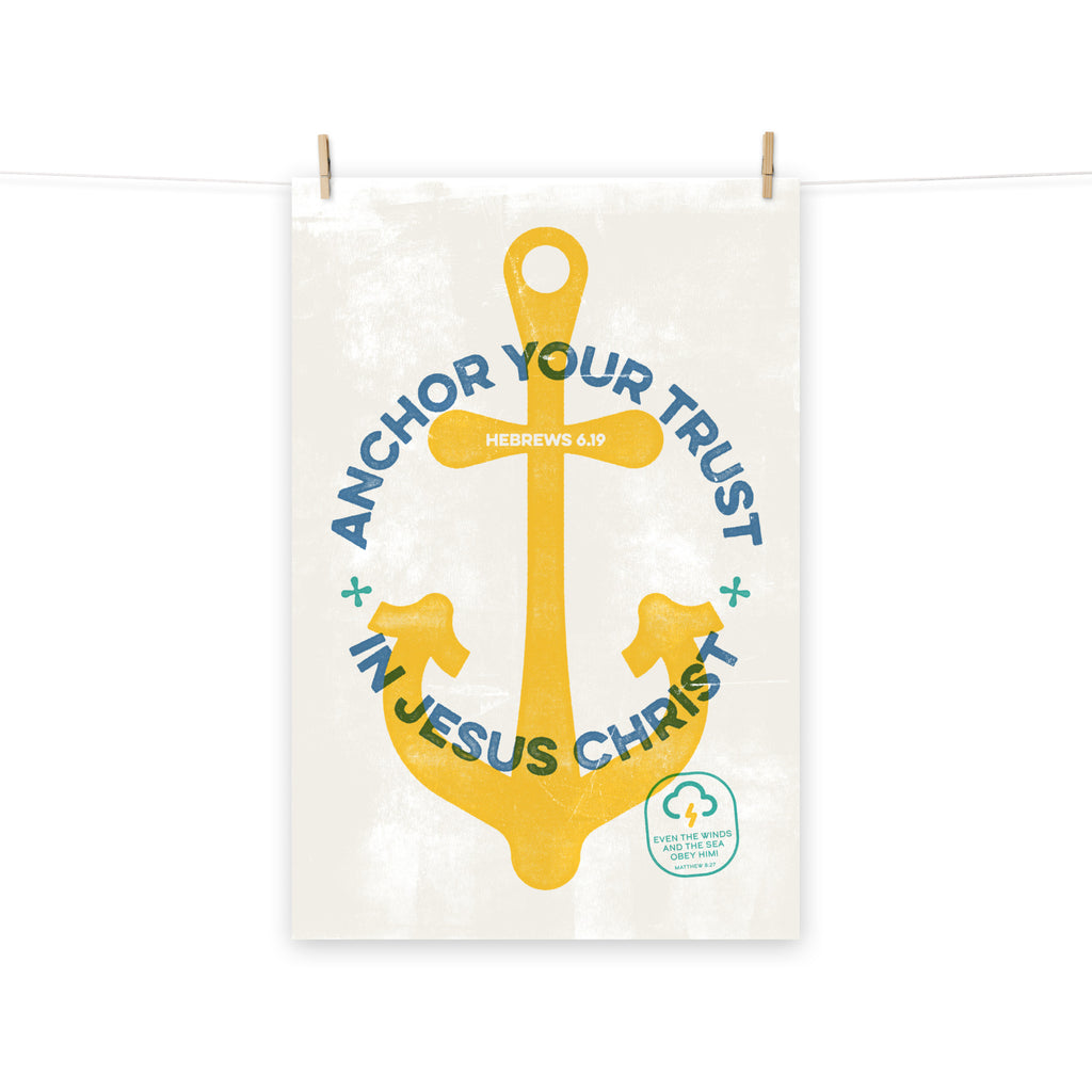 Full view of the Hebrews 6:19 poster scroll, hung by wooden clips and rope, showing the complete design.