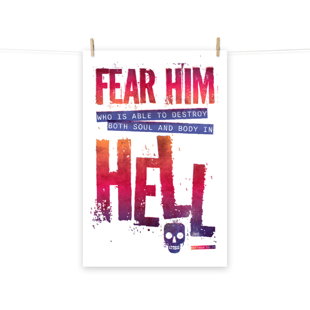 Full view of the Matthew 10:28 poster scroll, hung by wooden clips and rope, showing the complete design.