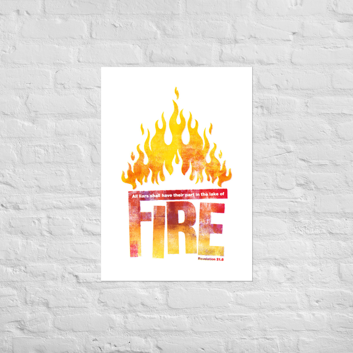 Revelation 21:8 print mounted on a white brick wall for a frameless, modern look.