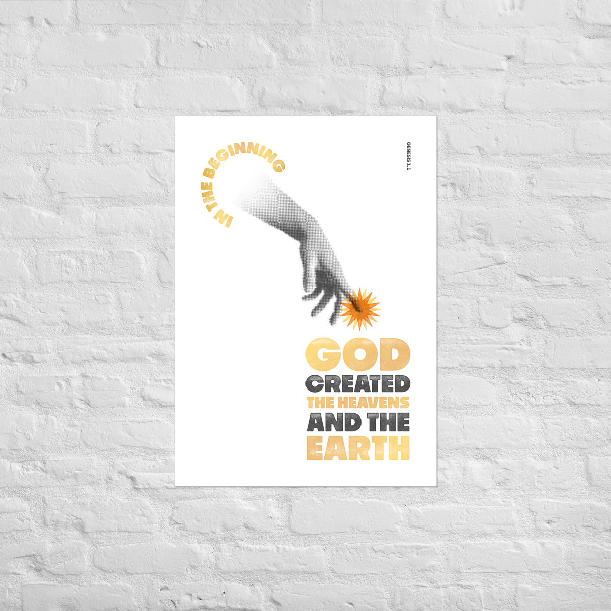 Genesis 1:1 print mounted directly on a white brick wall for a frameless, modern look.