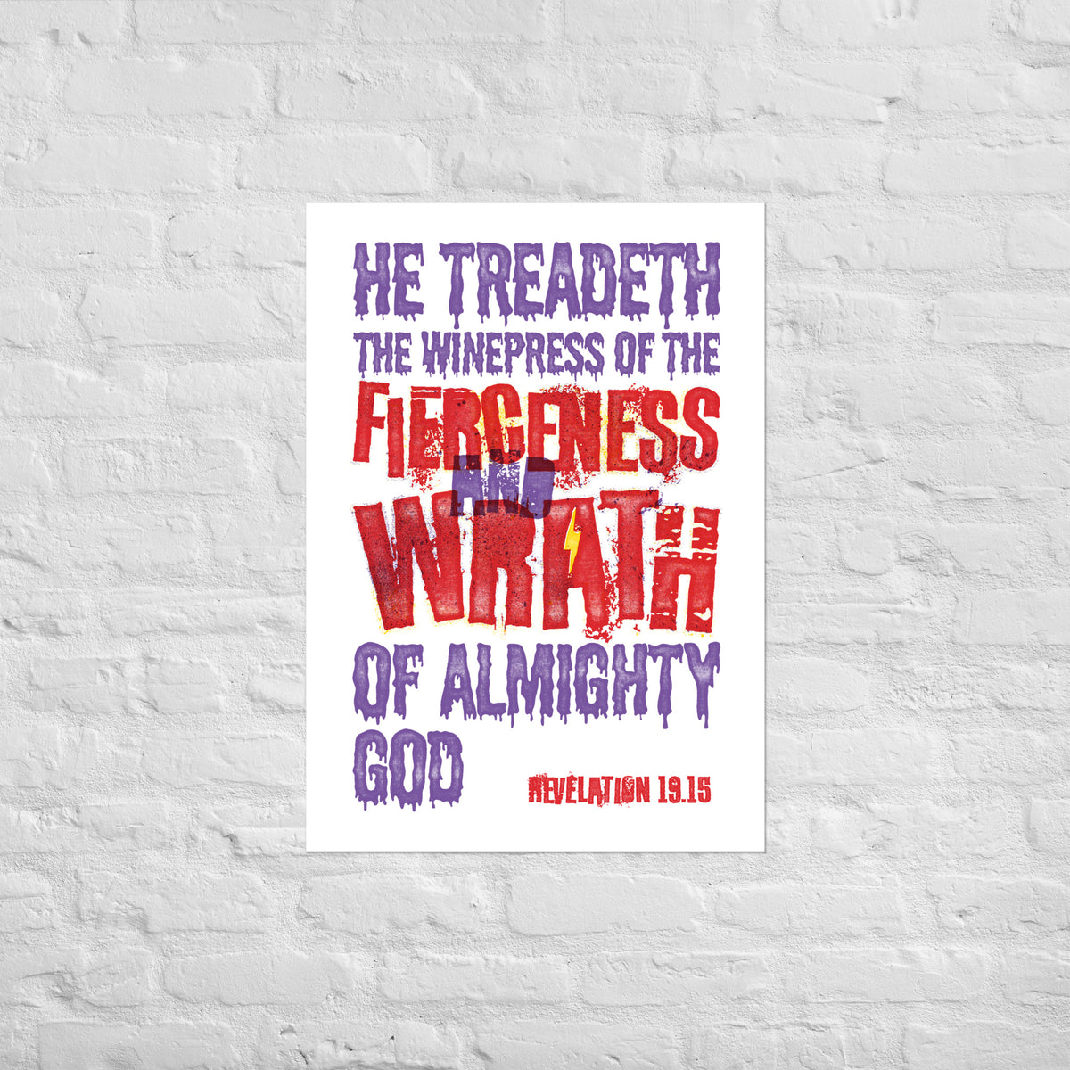 Revelation 19:15 scripture print mounted directly on a white brick wall for a frameless, modern look.