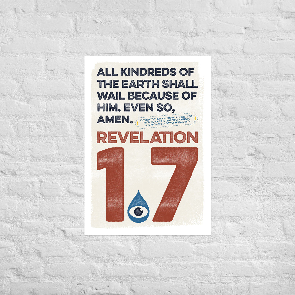 Revelation 1.7 scripture print mounted directly on a white brick wall for a frameless, modern look.