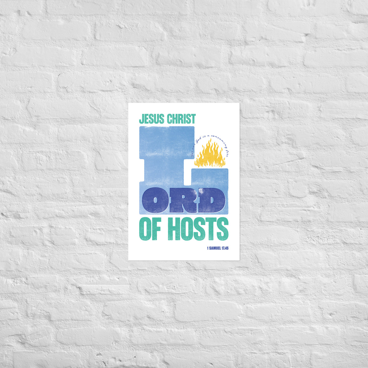 1 Samuel 17:45 print mounted directly on a white brick wall for a frameless, modern look.