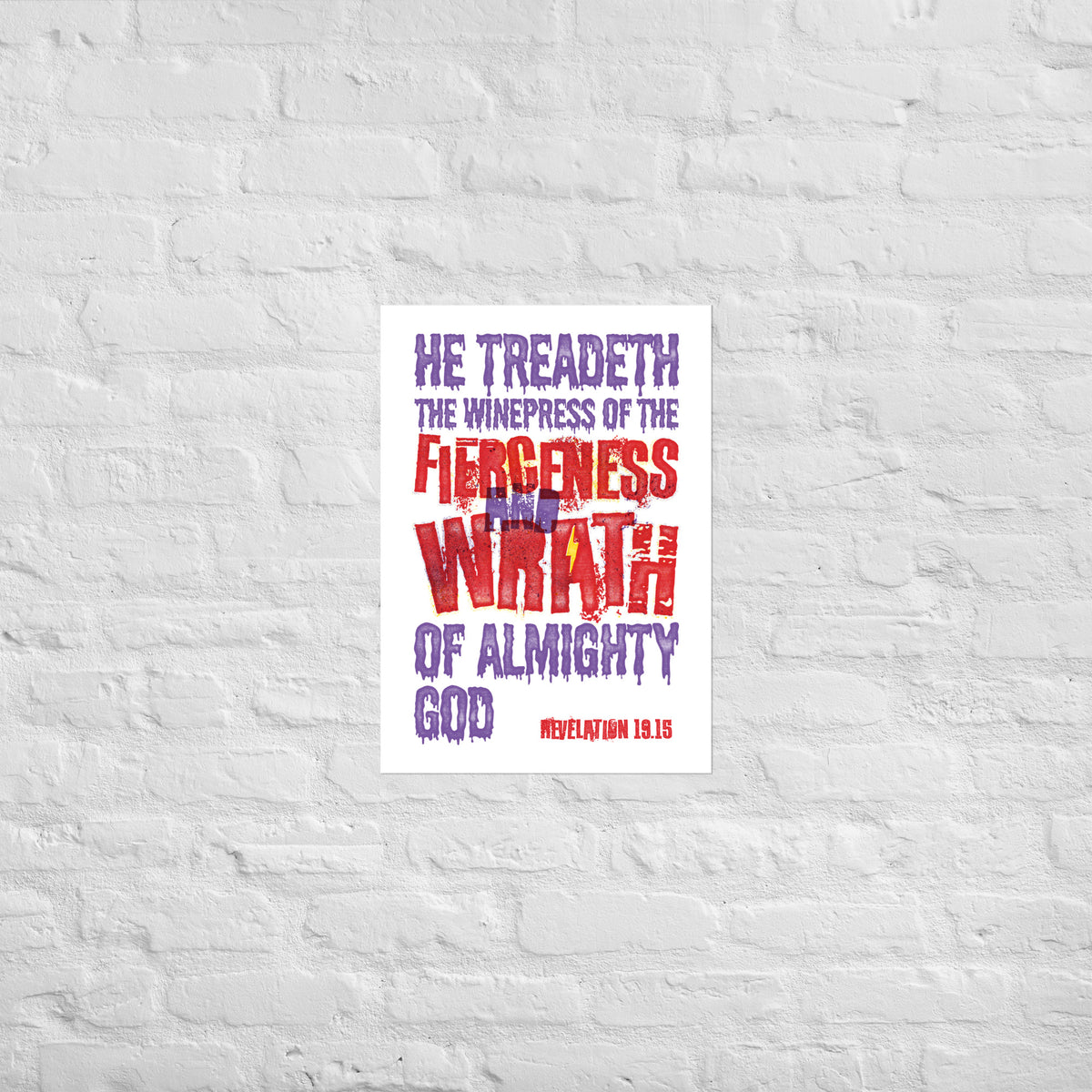 Revelation 19:15 scripture print mounted directly on a white brick wall for a frameless, modern look.