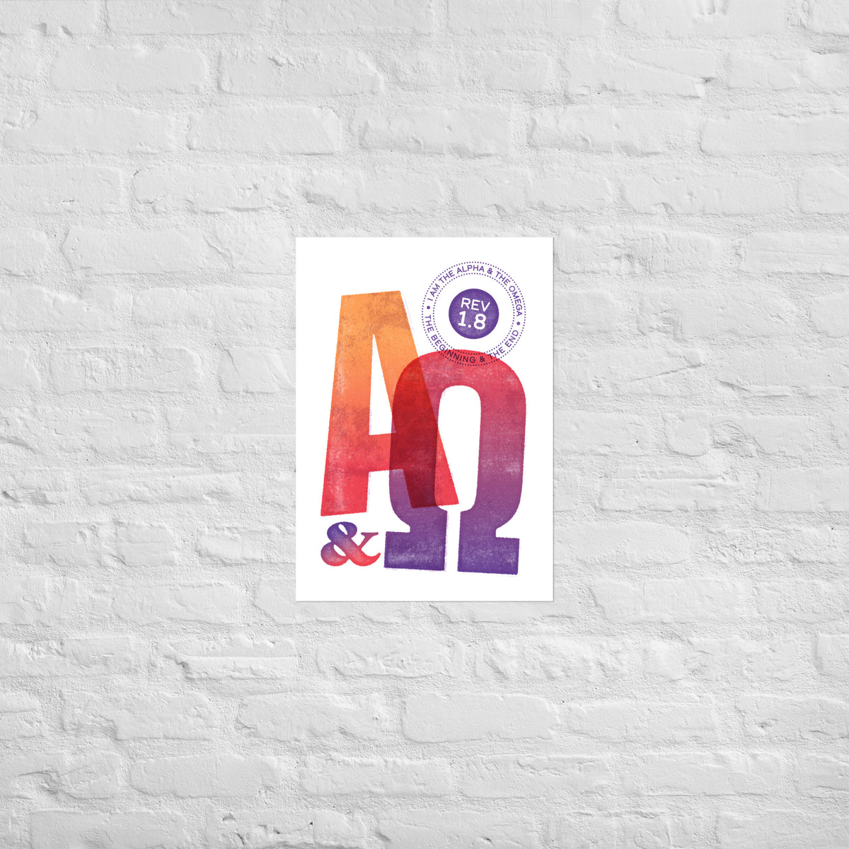 Revelation 1:8 print mounted on a white brick wall for a frameless, modern look.