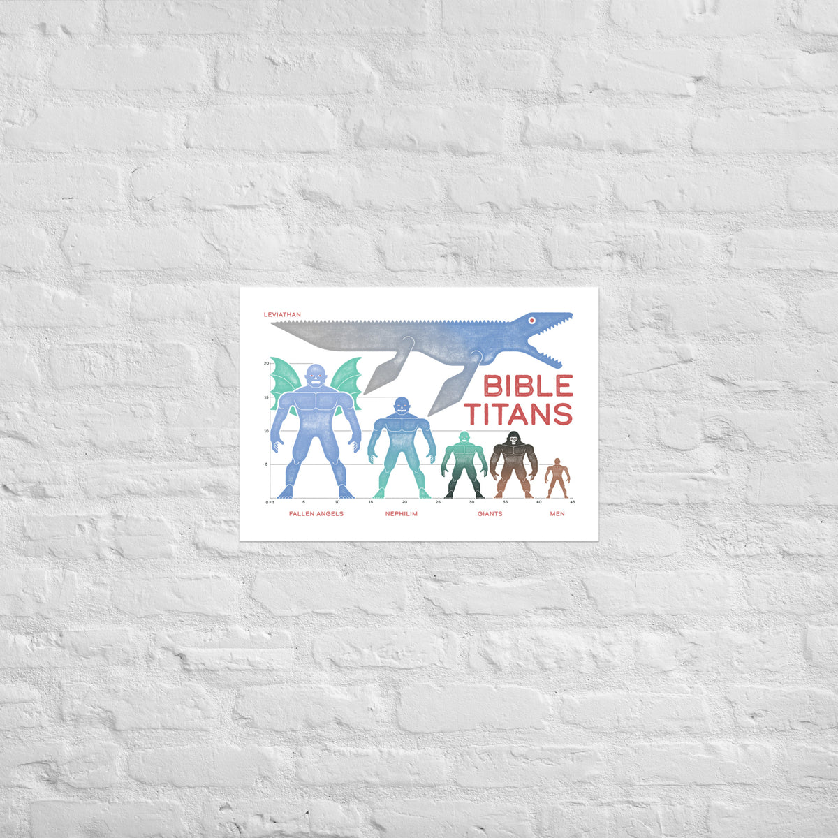 Bible scale infographic print mounted directly on a white brick wall for a frameless, modern look.