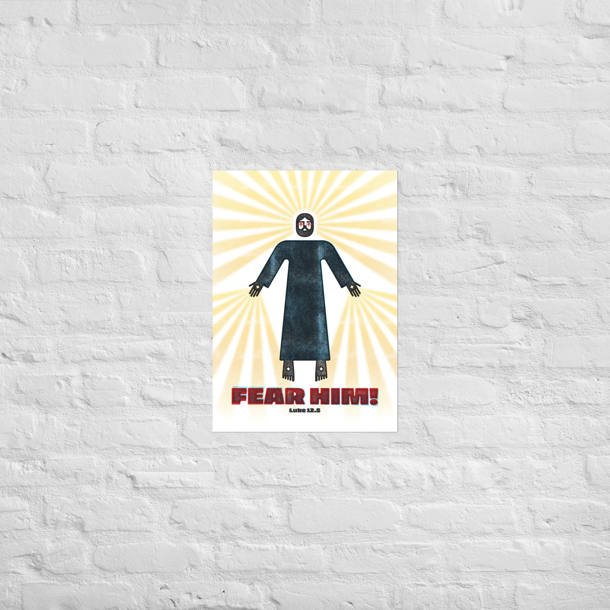 Luke 12.5 scripture print mounted directly on a white brick wall for a frameless, modern look.