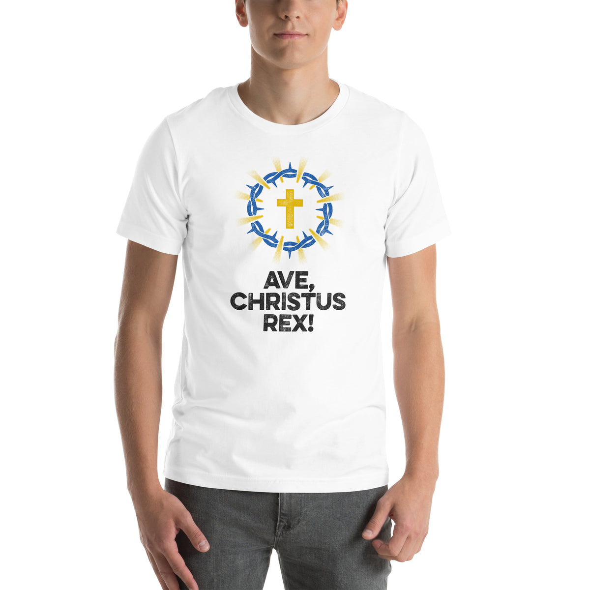 Full view of Ave Christus Rex t-shirt on male model showing complete design.