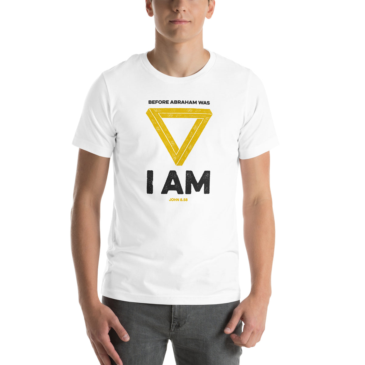 Full view of John 8.58 t-shirt on male model showing complete graphic design.