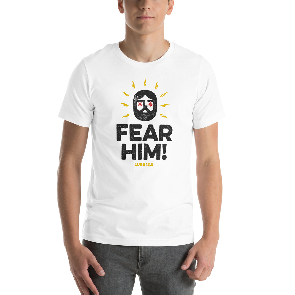 Full view of Luke 12:5 t-shirt on male model showing complete graphic design.