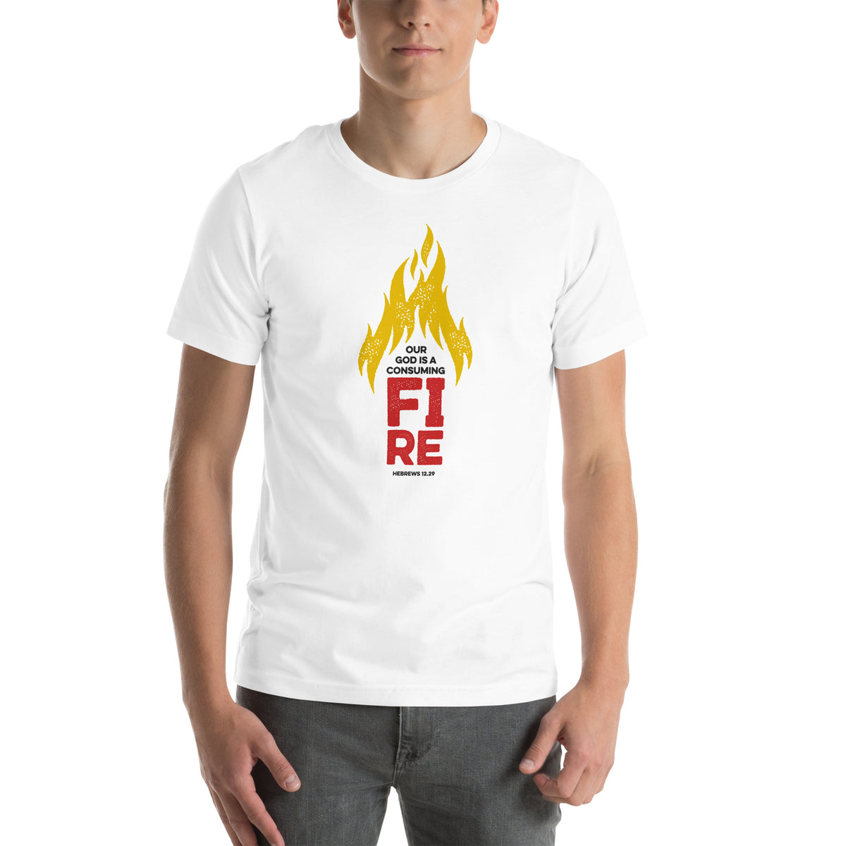 Full view of Hebrews 12.29 t-shirt on male model showing complete graphic design.