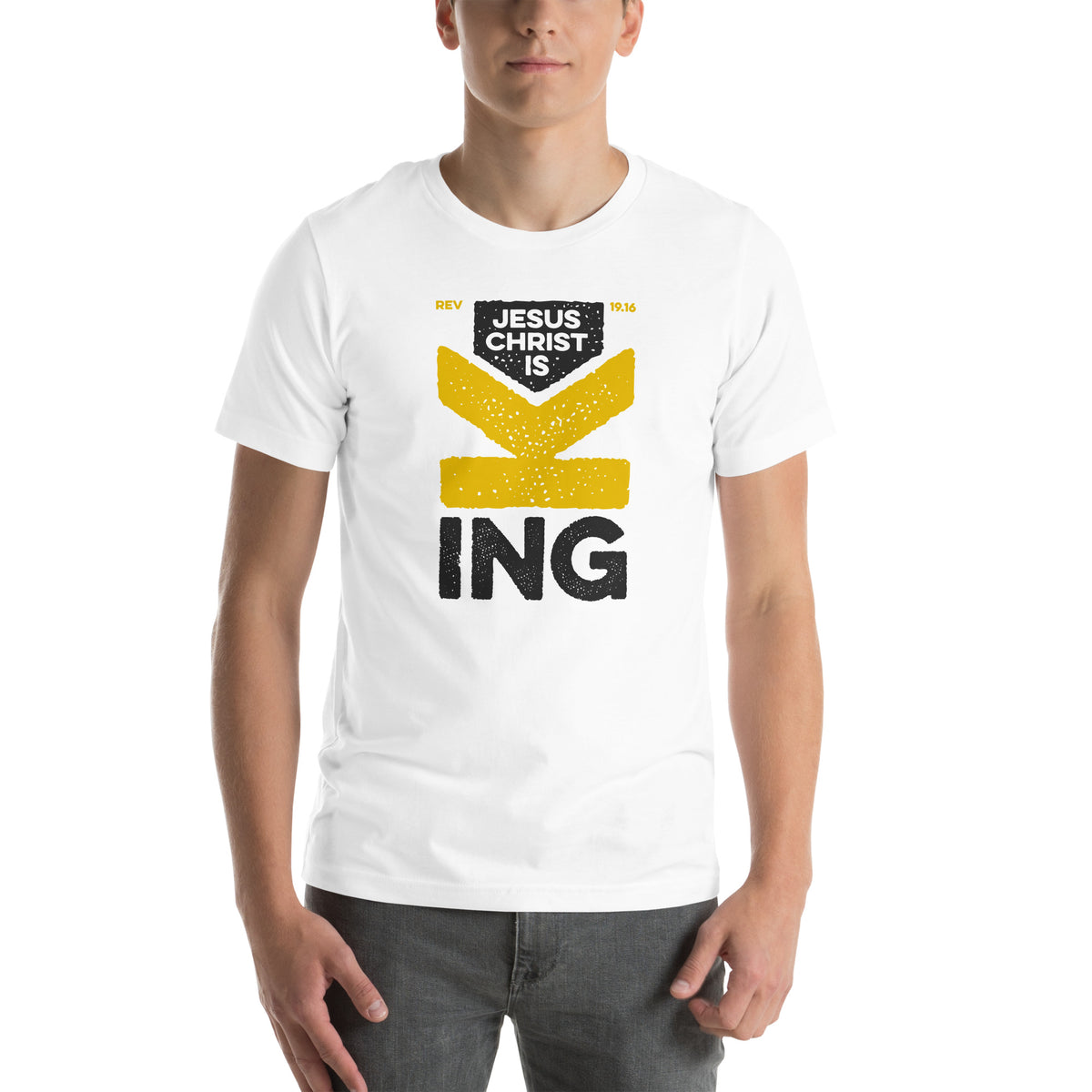Full view of Revelation 19.16 t-shirt on male model showing complete graphic design.