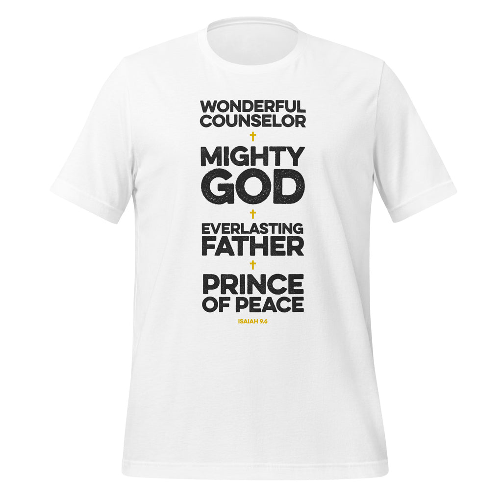 Full view of Isaiah 9.6 t-shirt graphic print on Bella + Canvas 3001 t-shirt showing the complete design.