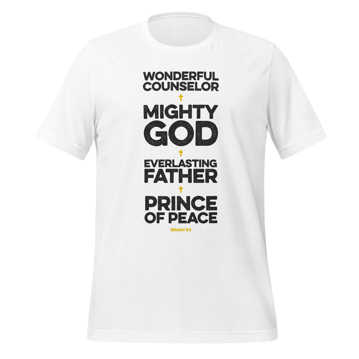 Full view of Isaiah 9.6 t-shirt graphic print on Bella + Canvas 3001 t-shirt showing the complete design.