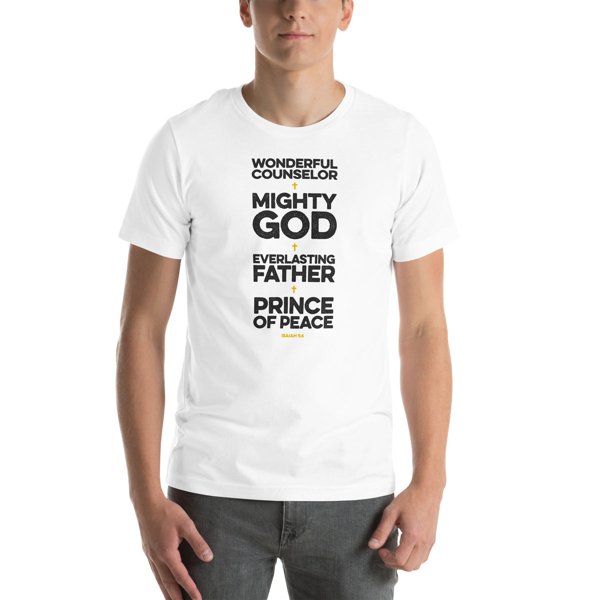 Full view of Isaiah 9.6 t-shirt on male model showing complete graphic design.