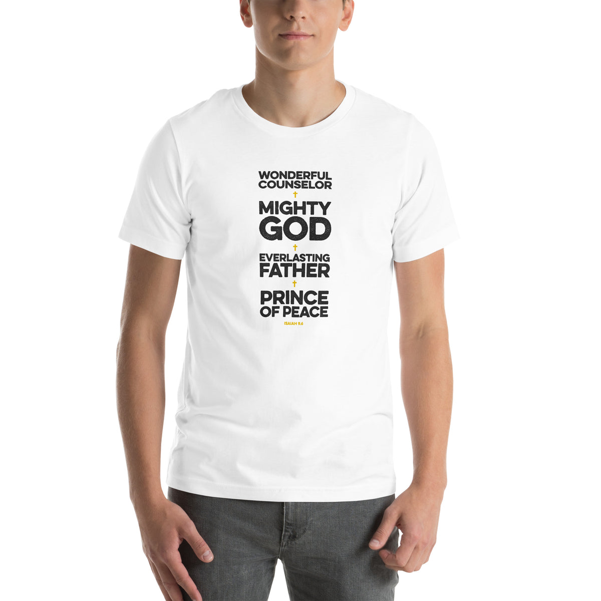 Full view of Isaiah 9.6 t-shirt on male model showing complete graphic design.