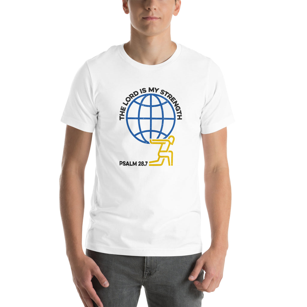 Full view of Psalm 28:7 t-shirt on male model showing complete graphic design.