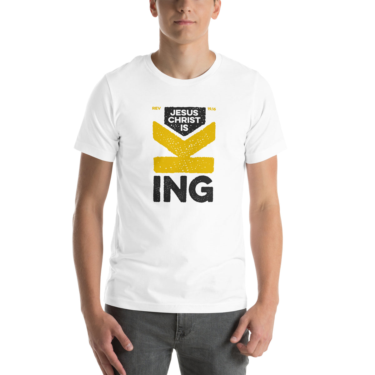 Full view of Revelation 19.16 t-shirt on male model showing complete graphic design.