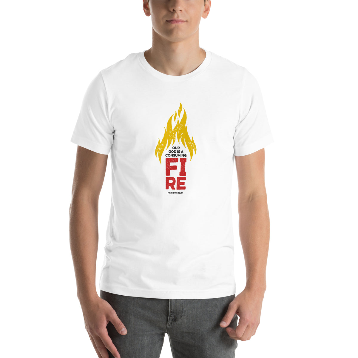 Full view of Hebrews 12.29 t-shirt on male model showing complete graphic design.