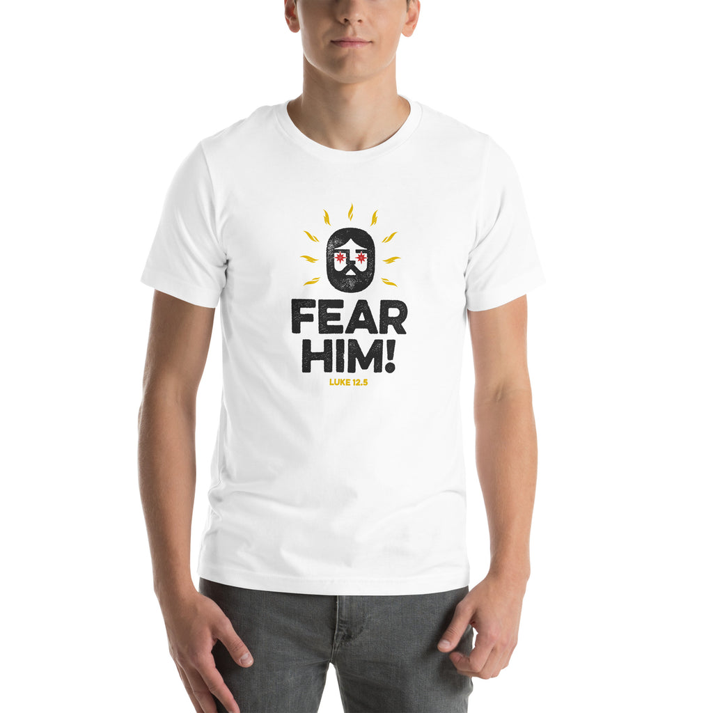 Full view of Luke 12:5 t-shirt on male model showing complete graphic design.