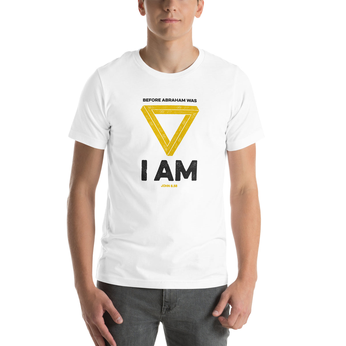 Full view of John 8.58 t-shirt on male model showing complete graphic design.