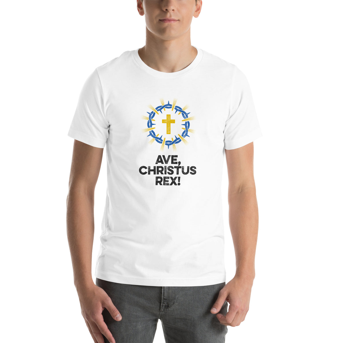 Full view of Ave Christus Rex t-shirt on male model showing complete design.