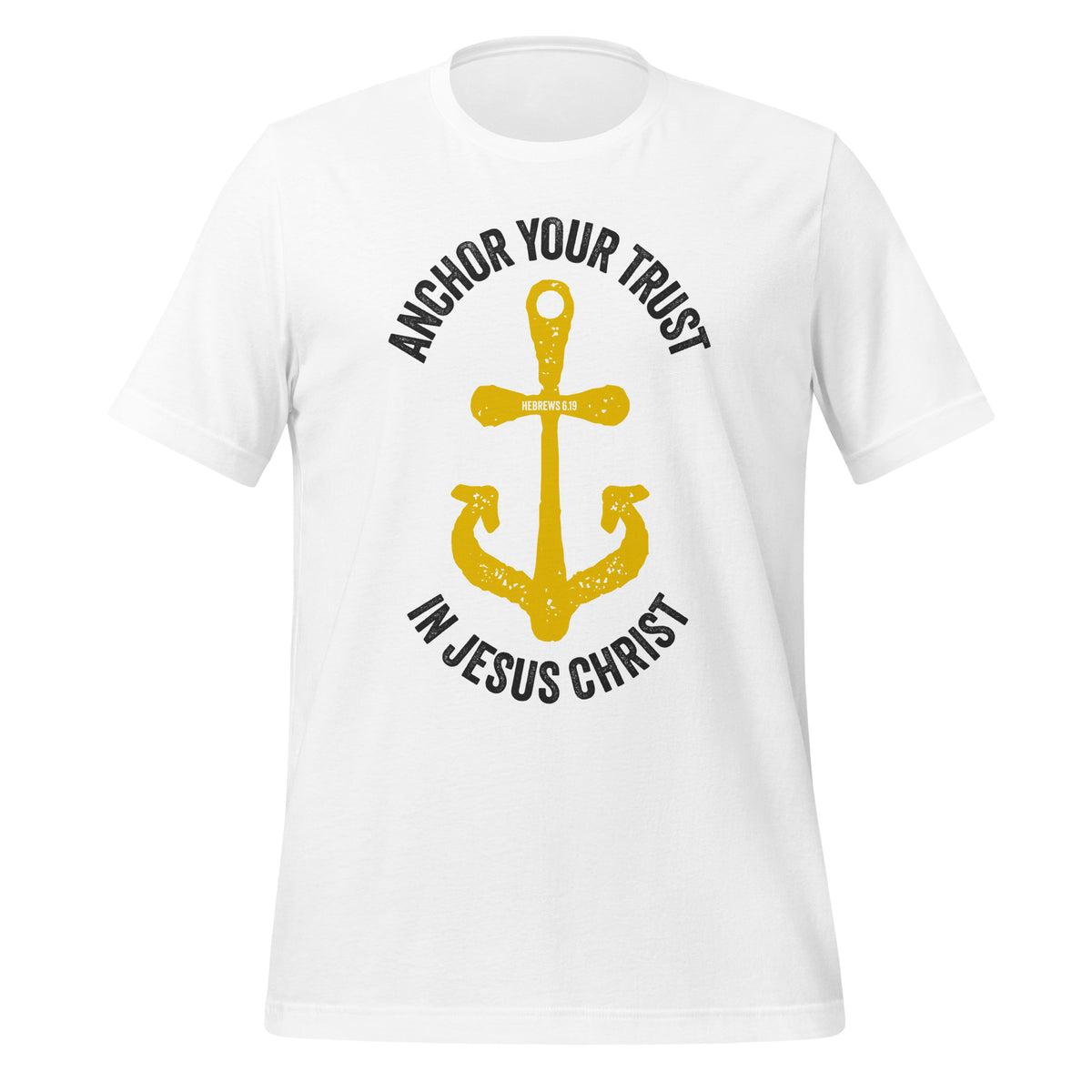 Full view of Hebrews 6.19 graphic print on Bella + Canvas 3001 t-shirt showing complete design.