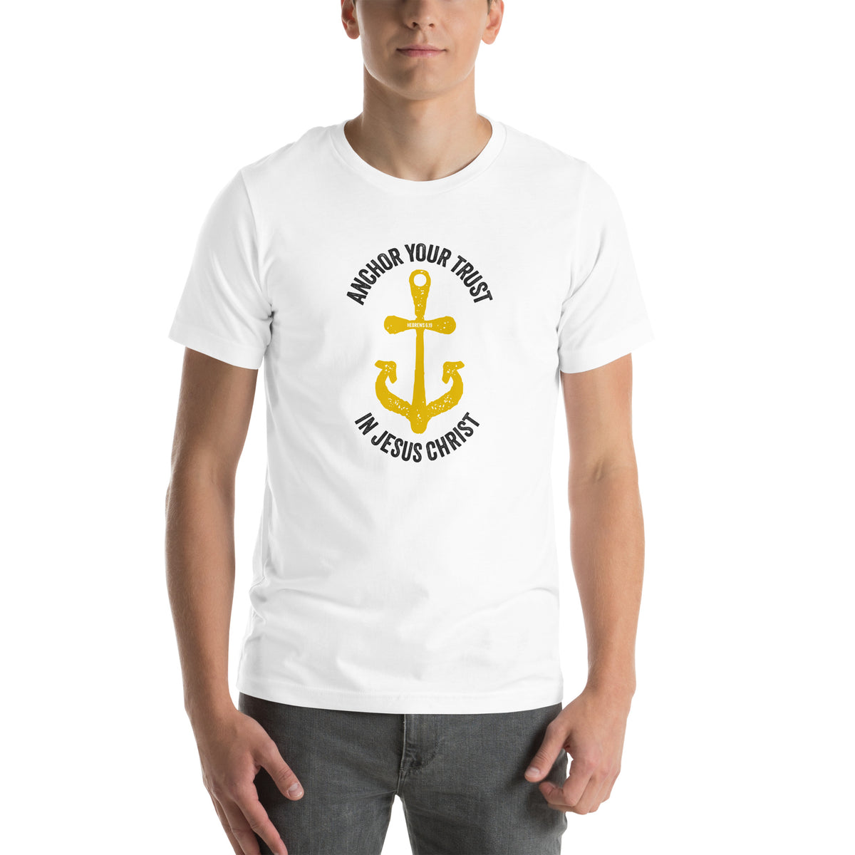 Full view of Hebrews 6.19 t-shirt on male model showing complete graphic design.