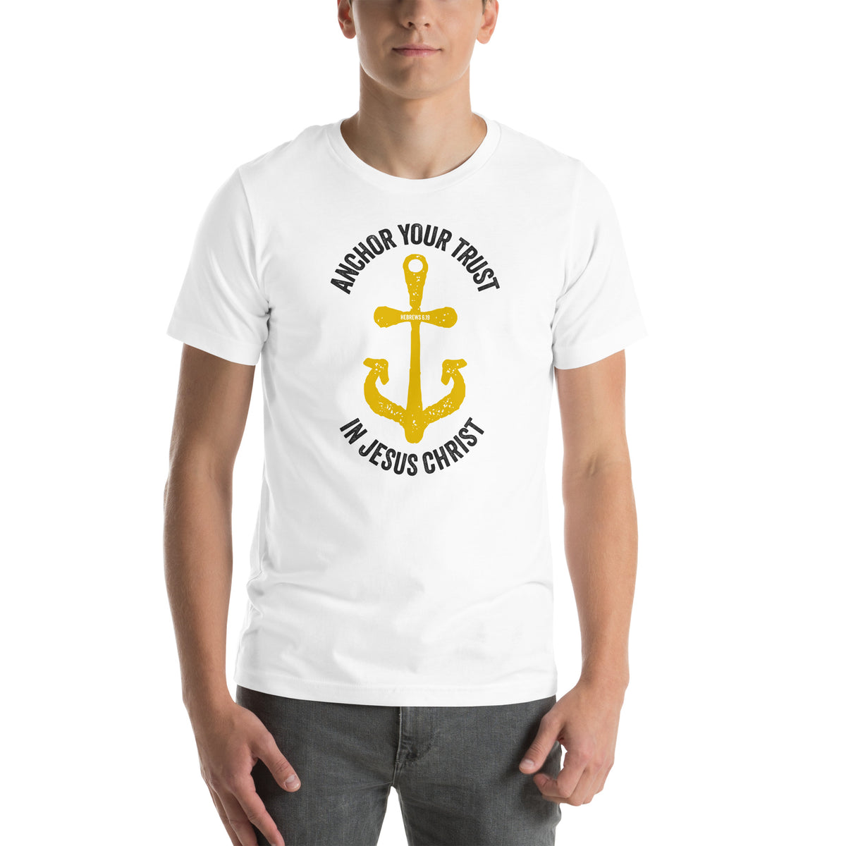 Full view of Hebrews 6.19 t-shirt on male model showing complete graphic design.